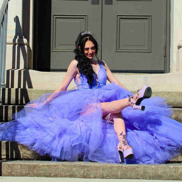 High Low V Neck Purple Tulle Long Prom Dress with Belt, High Low Lilac Formal Evening Dress A1493