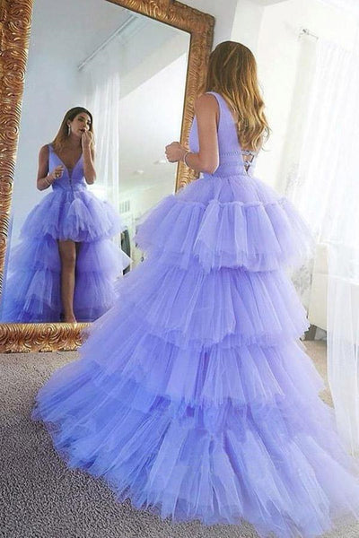 High Low V Neck Purple Tulle Long Prom Dress with Belt, High Low Lilac Formal Evening Dress A1493