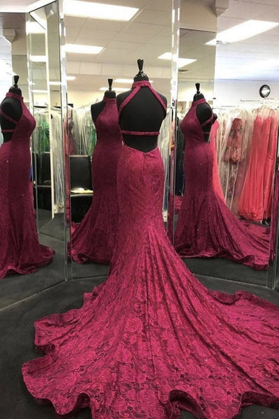 High Neck Backless Burgundy Lace long Prom Dress, Long Burgundy Lace Formal Evening Dress, Burgundy Ball Gown