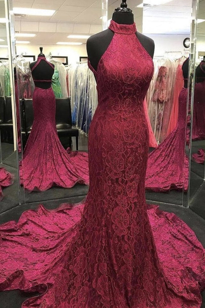 High Neck Backless Burgundy Lace long Prom Dress, Long Burgundy Lace Formal Evening Dress, Burgundy Ball Gown High Neck Backless Burgundy Lace long Prom Dress, Long Burgundy Lace Formal Evening Dress, Burgundy Ball Gown