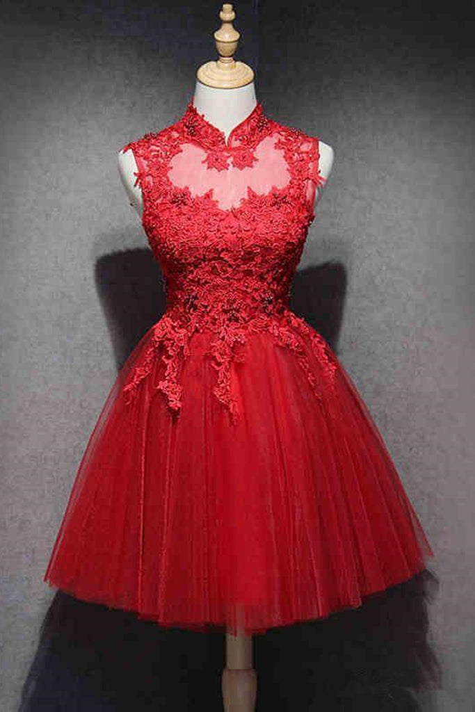 High Neck Red Lace Short Prom Dress, Red Lace Homecoming Dress, Red Formal Graduation Evening Dress A1314