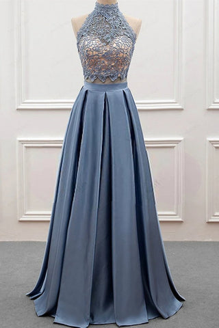 High Neck Two Pieces Blue Lace Long Prom Dress, 2 Pieces Blue Lace Formal Dress, Blue Evening Dress