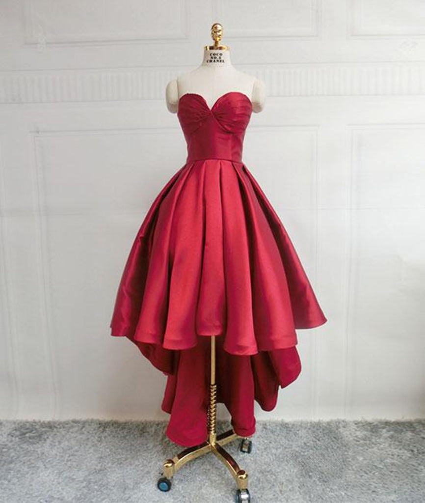 High Low Sweetheart Neck Strapless Backless Satin Red Prom Dresses, Re abcprom High Low Sweetheart Neck Strapless Backless Satin Red Prom Dresses, Re abcprom