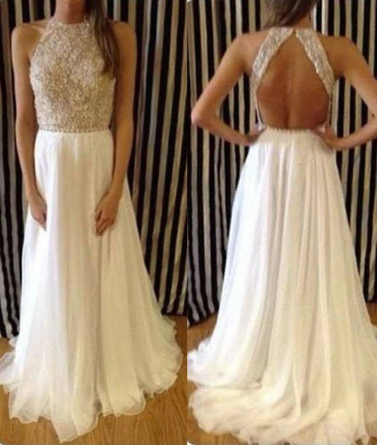 High Neck Crystal Beaded White Chiffon Backless Long Prom Dresses, Evening Dresses