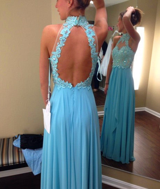 High Neck Open Back Beaded Light Blue Prom Dresses, Beaded Light Blue Evening Dresses