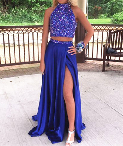 High Neck Two Pieces Sequin Long Blue Prom Dresses, Two Pieces Blue Formal Dresses, Sequin Evening Dresses