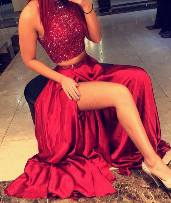 High Neck Two Pieces Sequin Long Red Prom Dresses, Two Pieces Red Formal Dresses, Sequin Evening Dresses