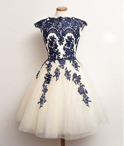 White Tulle Short Navy Blue Lace  Prom Dresses, Short Blue Lace Homecoming Dresses