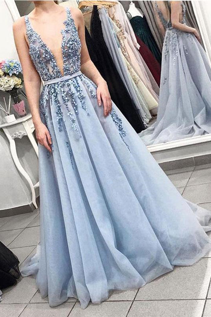 Light Blue A Line V Neck Backless Beaded Top Tulle Long Prom Dress, Ba abcprom Light Blue A Line V Neck Backless Beaded Top Tulle Long Prom Dress, Ba abcprom