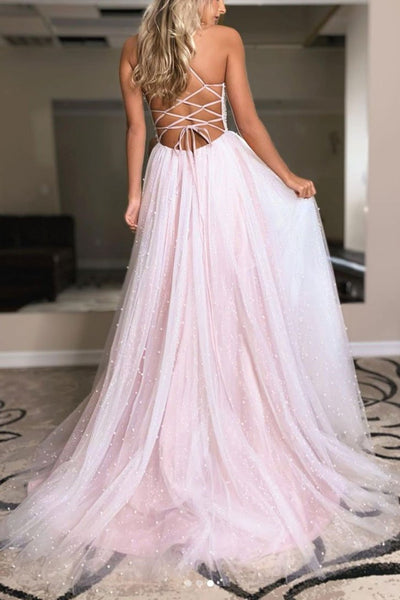 Light Pink Deep V Neck Backless Beaded Long Prom Dress, Shiny Light Pink Formal Evening Dress