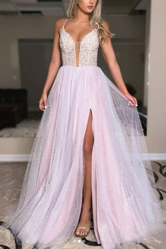 Light Pink Deep V Neck Backless Beaded Long Prom Dress, Shiny Light Pi abcprom Light Pink Deep V Neck Backless Beaded Long Prom Dress, Shiny Light Pi abcprom