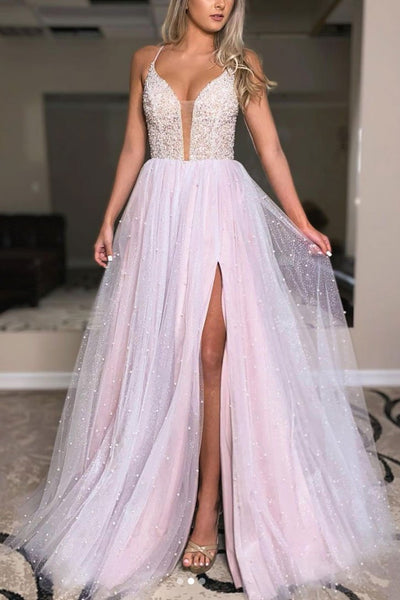Light Pink Deep V Neck Backless Beaded Long Prom Dress, Shiny Light Pink Formal Evening Dress