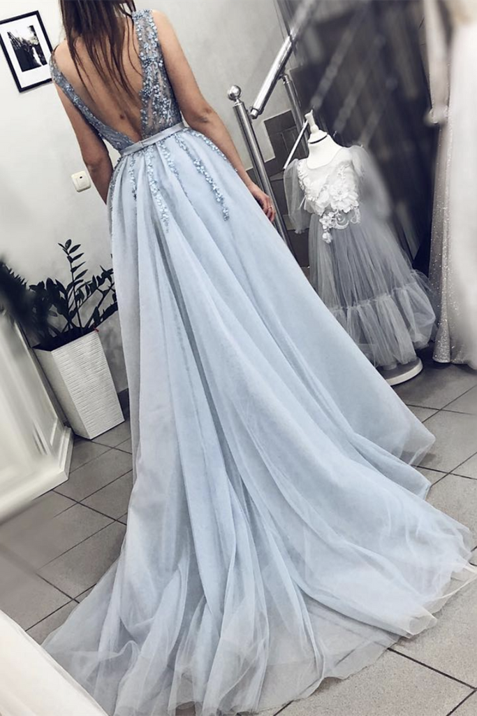 Light Blue A Line V Neck Backless Beaded Top Tulle Long Prom Dress, Ba   abcprom
