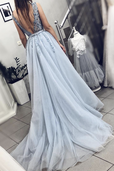 Light Blue A Line V Neck Backless Beaded Top Tulle Long Prom Dress, Backless Light Blue Formal Dresses, Evening Dresses