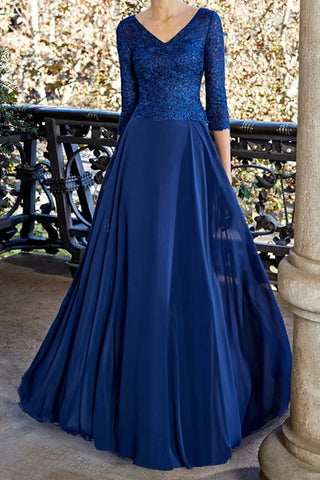 Long Sleeve V Neck Blue Chiffon Lace Long Prom Dresses, V Neck Blue Formal Dresses, Blue Evening Dresses A1390
