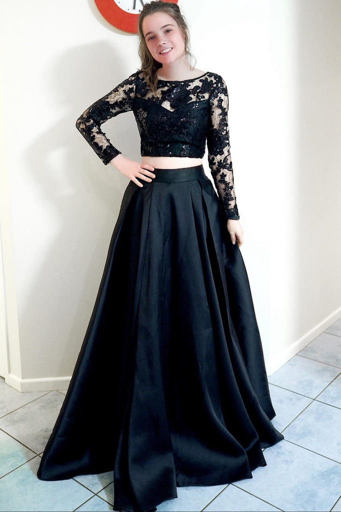 Black Girl Prom Dress Two Piece Prom Dress with Side Slit and Pockets