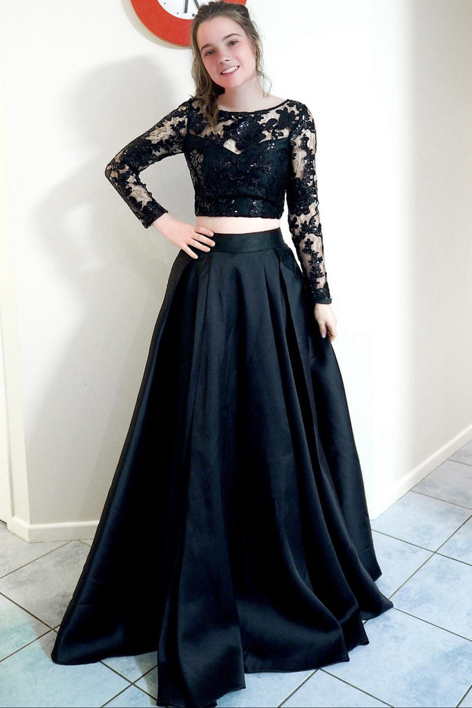 Long Sleeves 2 Pieces Black Lace Long Prom Dress, Long Sleeves Black L abcprom Long Sleeves 2 Pieces Black Lace Long Prom Dress, Long Sleeves Black L abcprom