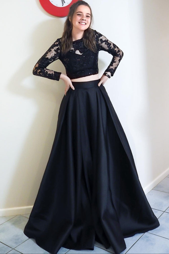 2 piece dress black Black Illusion Sleeve Two-piece A-line Prom Dress