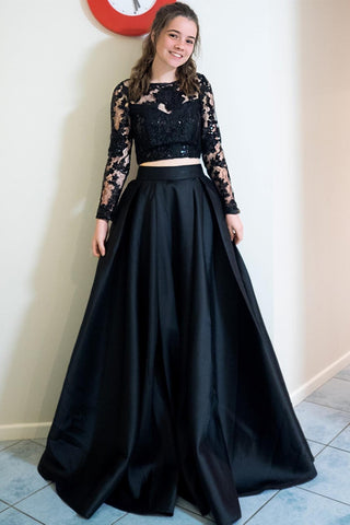 Long Sleeves 2 Pieces Black Lace Long Prom Dress, Long Sleeves Black Lace Formal Dress, Two Piece Black Lace Evening Dress