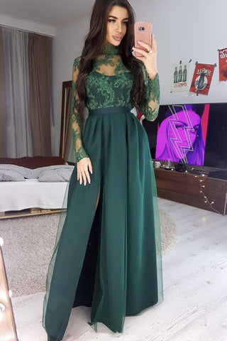 Long Sleeves High Neck Green Lace Long Prom Dress, Long Sleeves Green Formal Dress, Green Lace Evening Dress