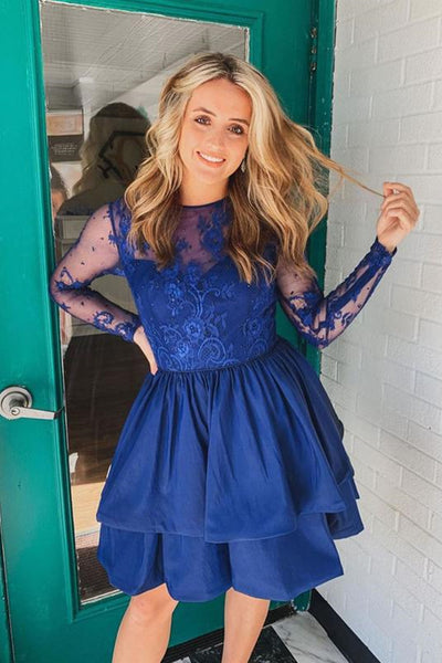 Long Sleeves Layered Blue Lace Short Prom Dresses, Long Sleeves Open Back Blue Homecoming Dresses, Blue Lace Formal Evening Dresses A1275