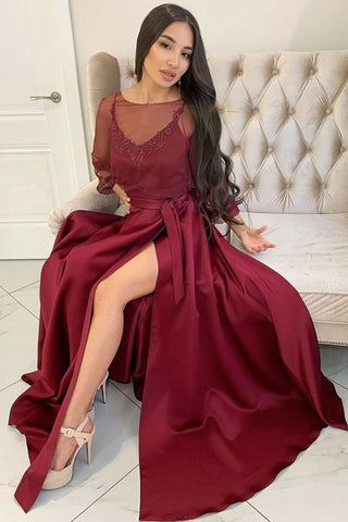 Long Sleeves Maroon Long Prom Dress with Slit, Burgundy Formal Graduat abcprom Long Sleeves Maroon Long Prom Dress with Slit, Burgundy Formal Graduat abcprom