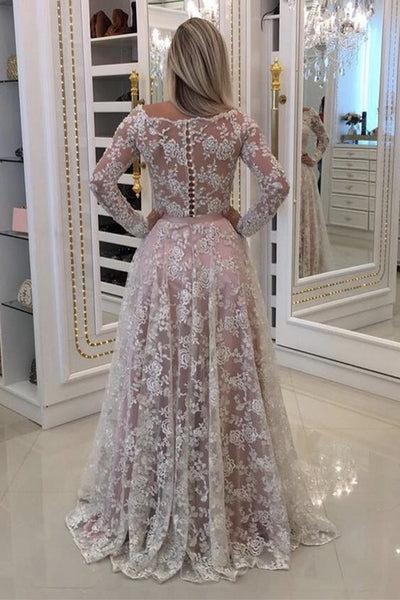 Long Sleeves Pink Lace Long Prom Dress, Pink Lace Formal Dress, Pink Evening Dress A1324