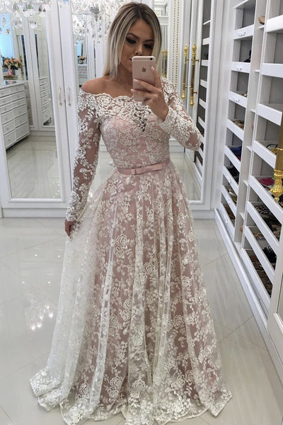 Long Sleeves Pink Lace Long Prom Dress, Pink Lace Formal Dress, Pink Evening Dress A1324