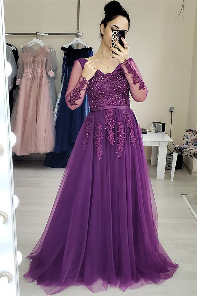 Long Sleeves Purple Lace Long Prom Dress, Purple Lace Formal Graduation Evening Dress