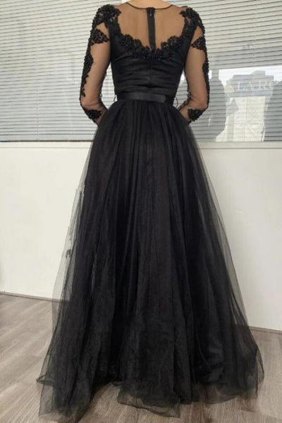 Long Sleeves Round Neck Black Lace Long Prom Dress, Black Lace Formal Graduation Evening Dress A1334