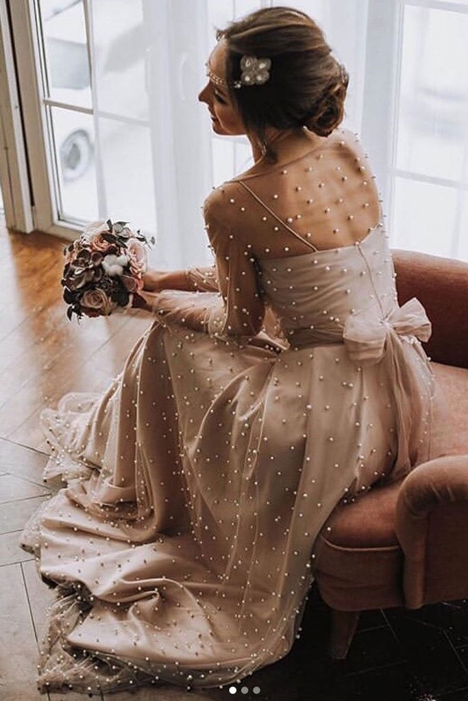 Long Sleeves Round Neck Champagne Beaded Long Prom Dress, Long Sleeves abcprom Long Sleeves Round Neck Champagne Beaded Long Prom Dress, Long Sleeves abcprom