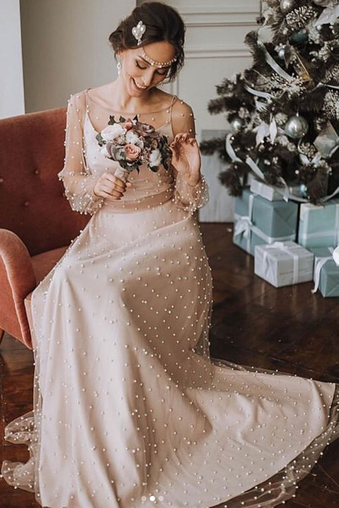 Long Sleeves Round Neck Champagne Beaded Long Prom Dress, Long Sleeves abcprom Long Sleeves Round Neck Champagne Beaded Long Prom Dress, Long Sleeves abcprom