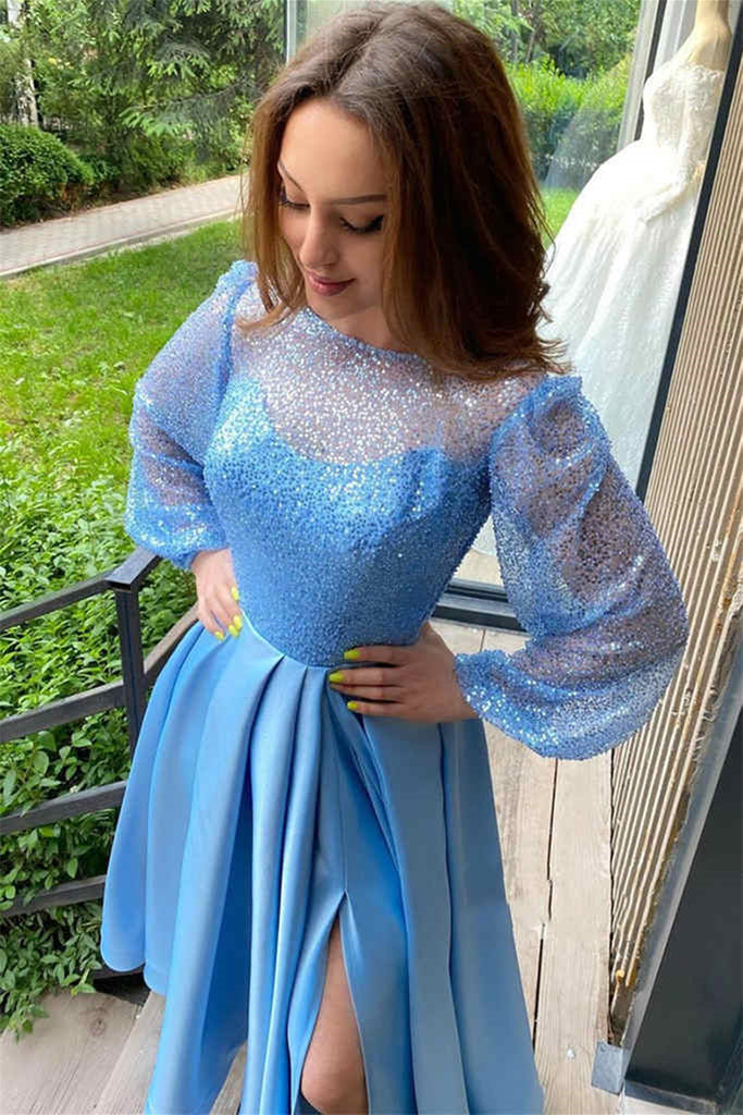 Long Sleeves Round Neck Light Blue Tea Length Prom Dress with High Sli abcprom Long Sleeves Round Neck Light Blue Tea Length Prom Dress with High Sli abcprom