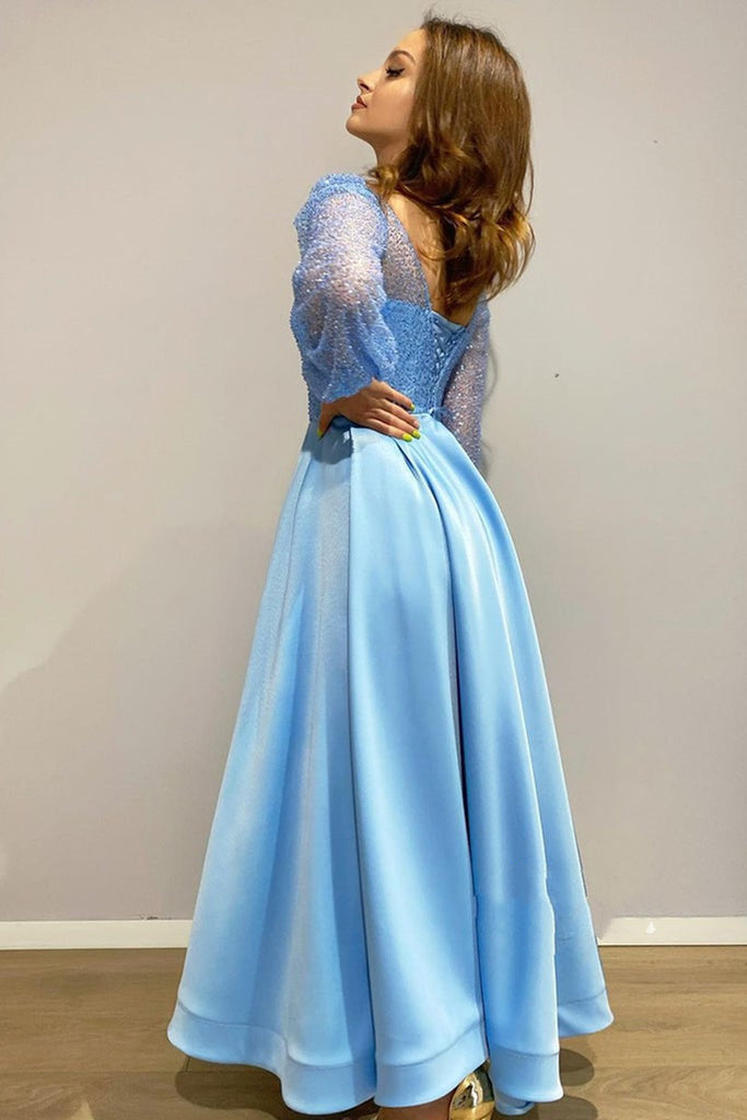 Long Sleeves Round Neck Light Blue Tea Length Prom Dress with High Sli abcprom Long Sleeves Round Neck Light Blue Tea Length Prom Dress with High Sli abcprom