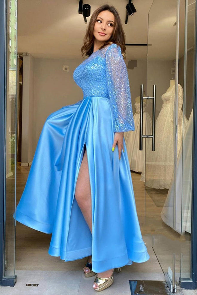 Long Sleeves Round Neck Light Blue Tea Length Prom Dress with High Sli abcprom Long Sleeves Round Neck Light Blue Tea Length Prom Dress with High Sli abcprom