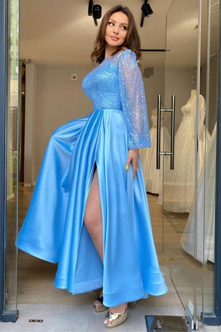 Long Sleeves Round Neck Light Blue Tea Length Prom Dress with High Slit, Long Sleeves Light Blue Formal Graduation Evening Dress A1515