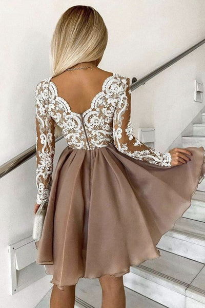 Long Sleeves V Neck Champagne Lace Long Prom Dresses, Long Sleeves Champagne Homecoming Dress, Champagne Lace Formal Evening Dress A1262