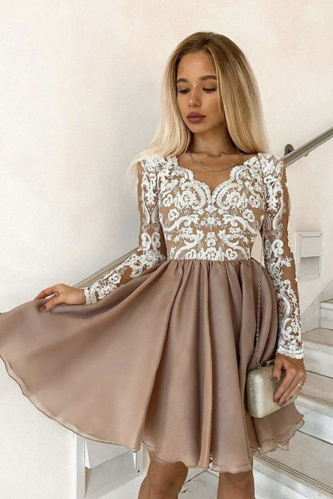 Long Sleeves V Neck Champagne Lace Long Prom Dresses, Long Sleeves Champagne Homecoming Dress, Champagne Lace Formal Evening Dress A1262