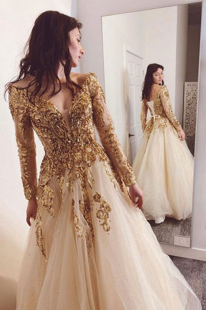 Long Sleeves V Neck Golden Lace Long Prom Dress, Gold Lace Formal  Graduation Evening Dress A1445