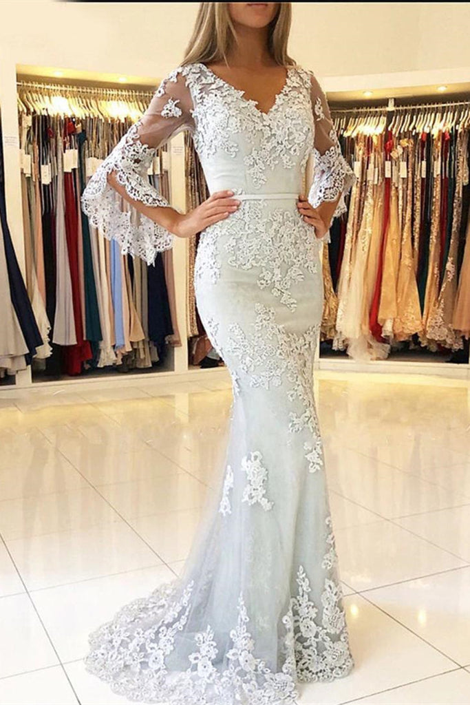 Long Bell Sleeves V Neck Mermaid Lace Long Prom Dresses, Long Sleeves abcprom Long Bell Sleeves V Neck Mermaid Lace Long Prom Dresses, Long Sleeves abcprom