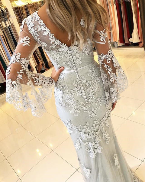 Long Bell Sleeves V Neck Mermaid Lace Long Prom Dresses, Long Sleeves Lace Formal Dresses, Mermaid Evening Dresses