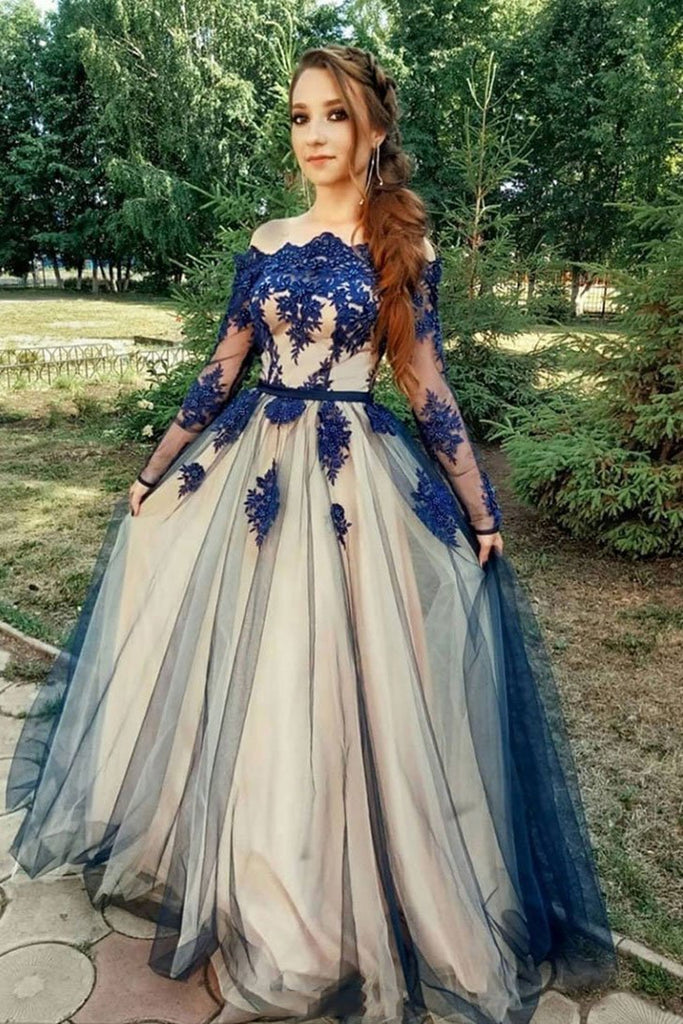 Long Sleeves Blue Lace Prom Dresses, Long Sleeves Blue Lace Formal Graduation Evening Dresses