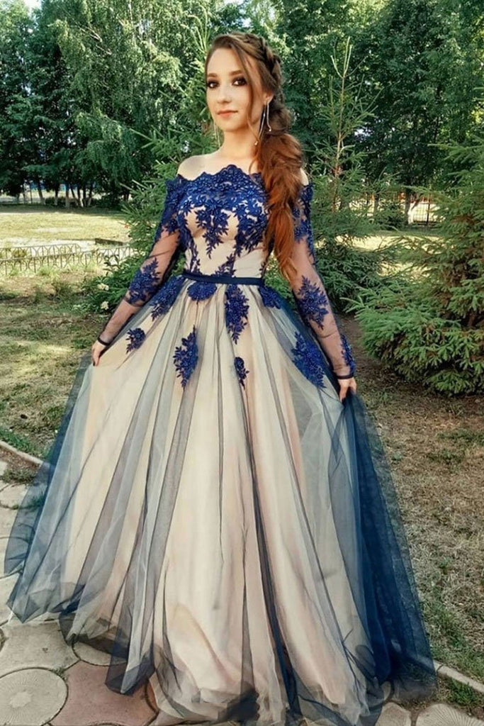 Long Sleeves Blue Lace Prom Dresses, Long Sleeves Blue Lace Formal Gra abcprom Long Sleeves Blue Lace Prom Dresses, Long Sleeves Blue Lace Formal Gra abcprom