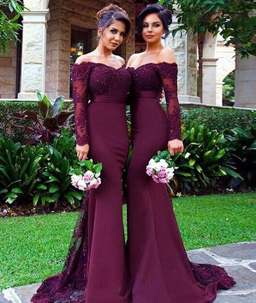 Long Sleeves Mermaid Burgundy Lace Bridesmaid Dresses, Burgundy Prom D