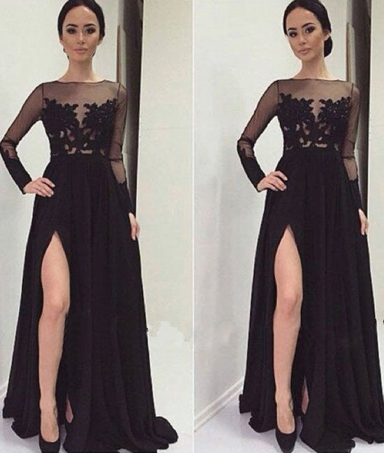 Long Sleeves Lace Black Prom Dresses, Lace Black Formal Dresses, Evening Dresses