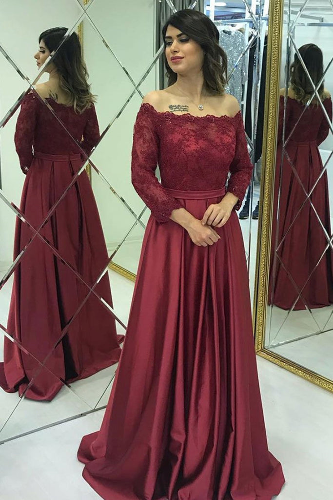 Long Sleeves Lace Burgundy Long Prom Dresses, Burgundy Lace Formal Dresses, Long Sleeves Burgundy Evening Dresses