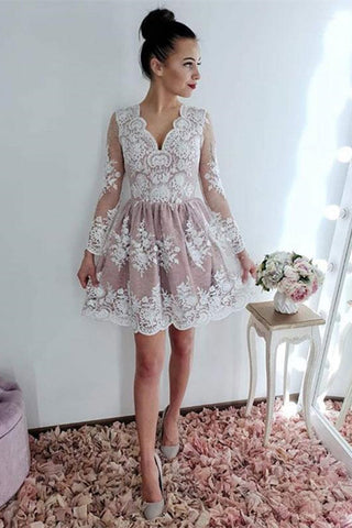 Long Sleeves Lace Pink Short Prom Dresses Homecoming Dresses, Long Sleeves Pink Formal Dresses, Lace Graduation Dresses, Pink Evening Dresses