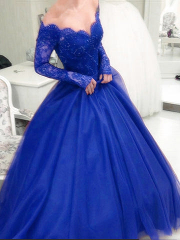 Long Sleeves Lace Royal Blue/Burgundy Long Ball Gown, Royal Blue/Burgundy Long Sleeve Lace Long Prom Dresses, Formal Dresses