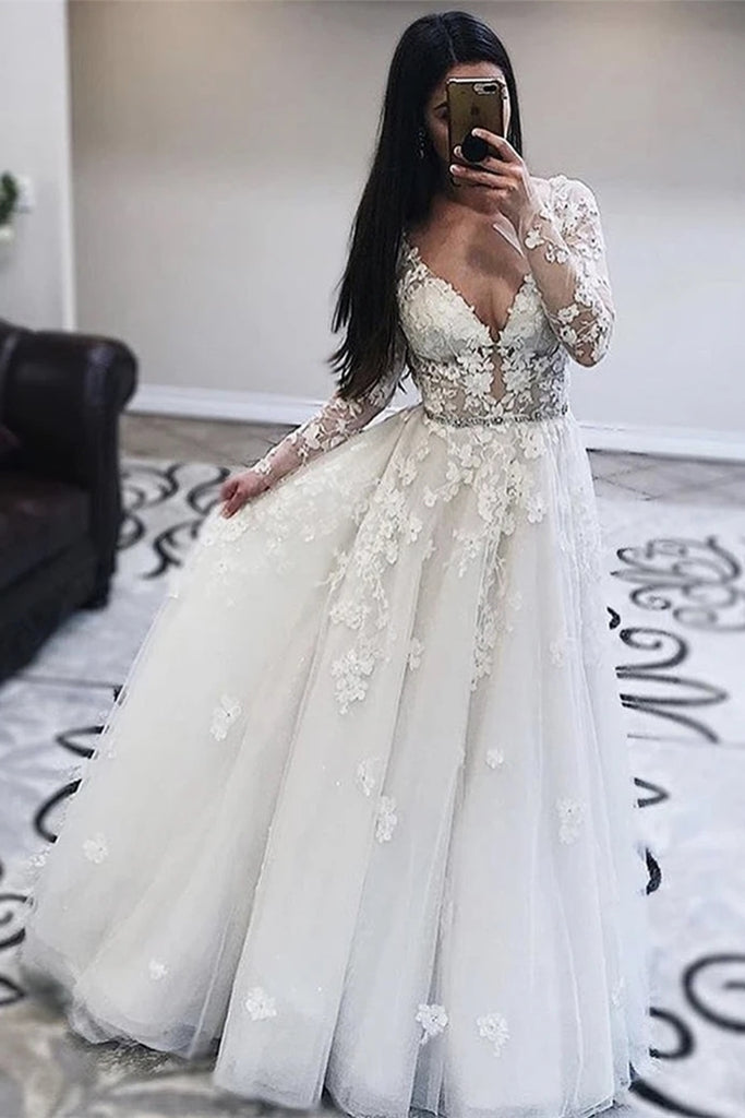 Long Sleeves V Neck White Lace Prom Wedding Dress, Long Sleeves White Lace Formal Dress, White Lace Evening Dress