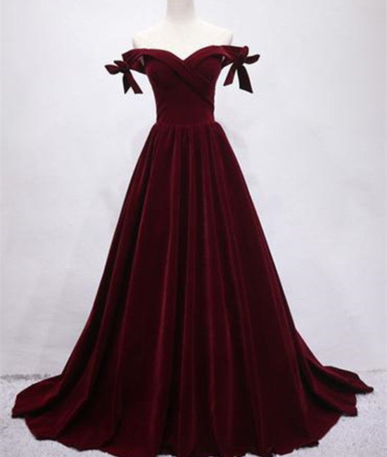 Maroon Off Shoulder Velvet Long Prom Dress, Off Shoulder Maroon Graduation Dress, Evening Dress